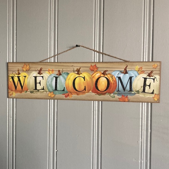 NWT Stunning Colorful Pumpkins Black Glittered Wooden Welcome Decoration Sign - Picture 12 of 17